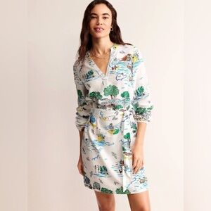 BODEN | CLEO LINEN TIE WAIST DRESS IN IVORY AMALFI COAST PRINT SIZE 6